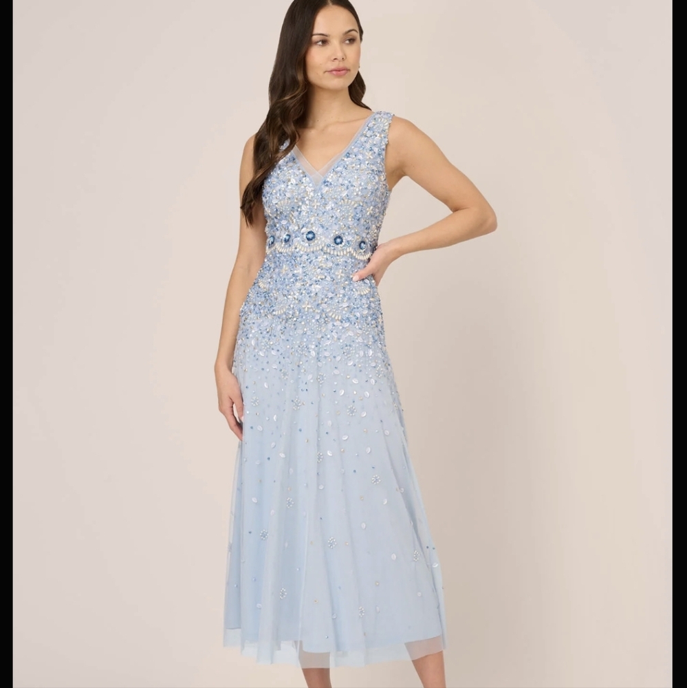 Adrianna Papell blue beaded sequin gown NWT